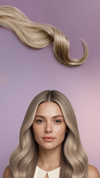 Blonde woman with a curled hair strand against a purple background