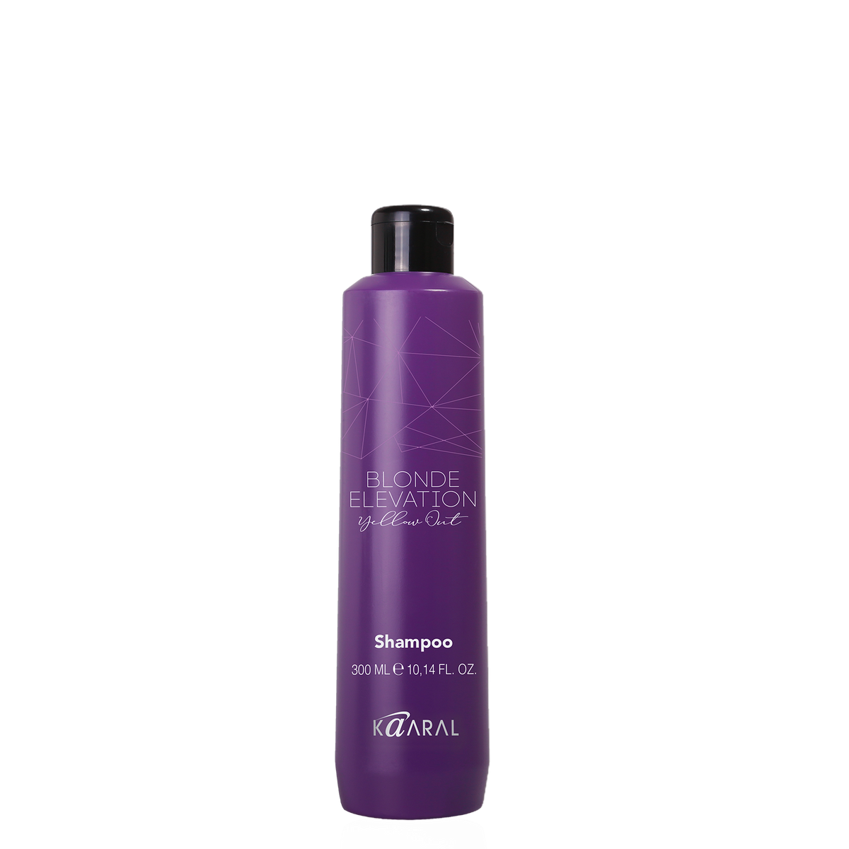 Tall purple Kaaral shampoo bottle on a black background