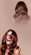 Front and back views of a woman with glossy brown hair