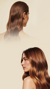 Two views of long, smooth, wavy brown hair on a soft beige background with open space between them for banner content.