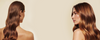 Two views of long, smooth, wavy brown hair framing a light background with open space in the center for banner content.