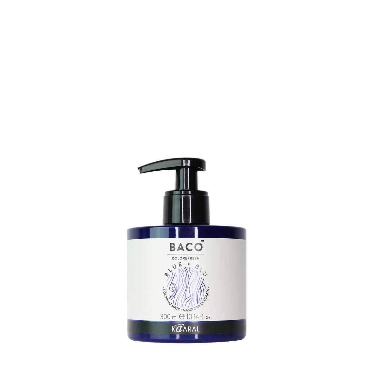 Baco pump bottle filled with blue liquid on a black background