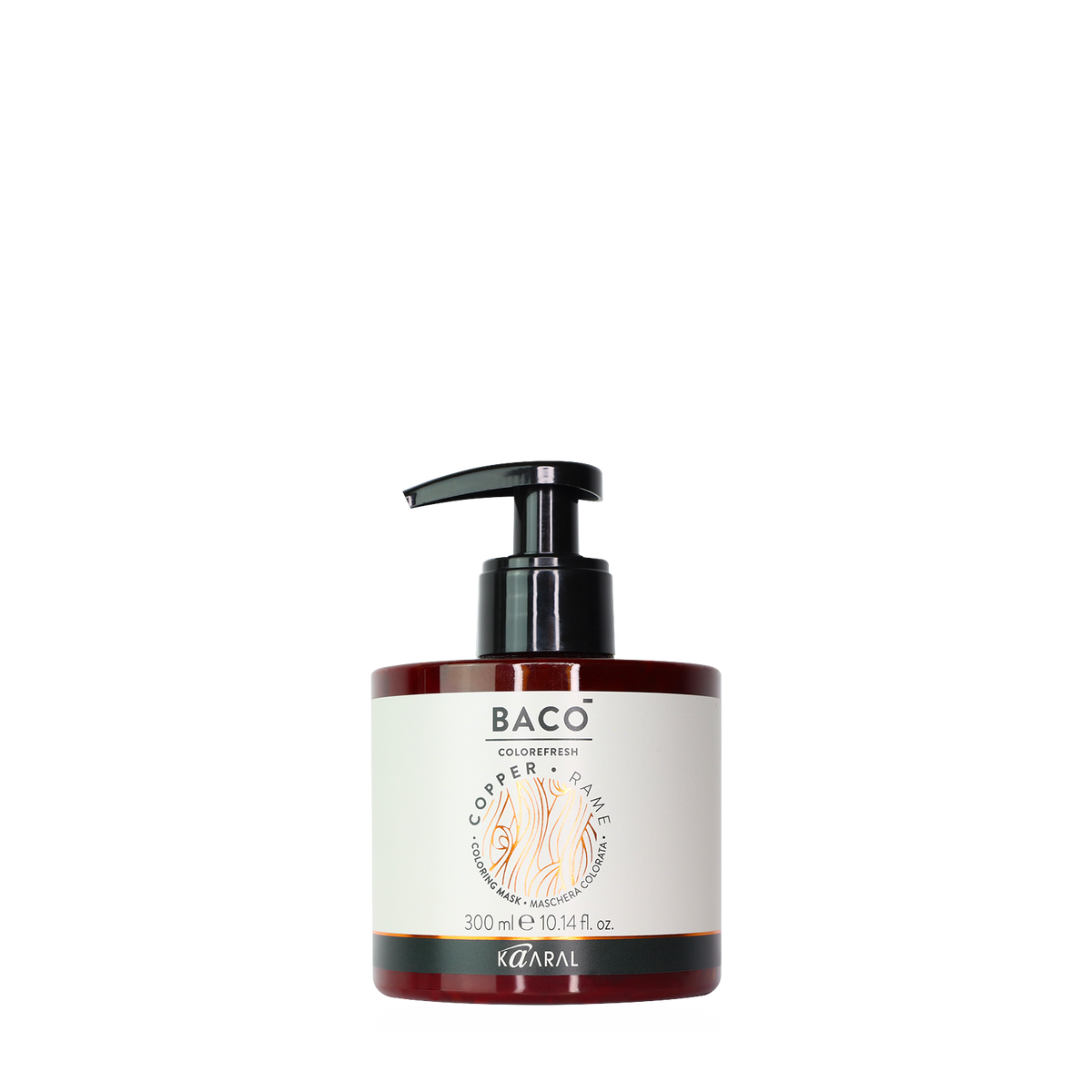 Baco pump bottle filled with red liquid on a black background