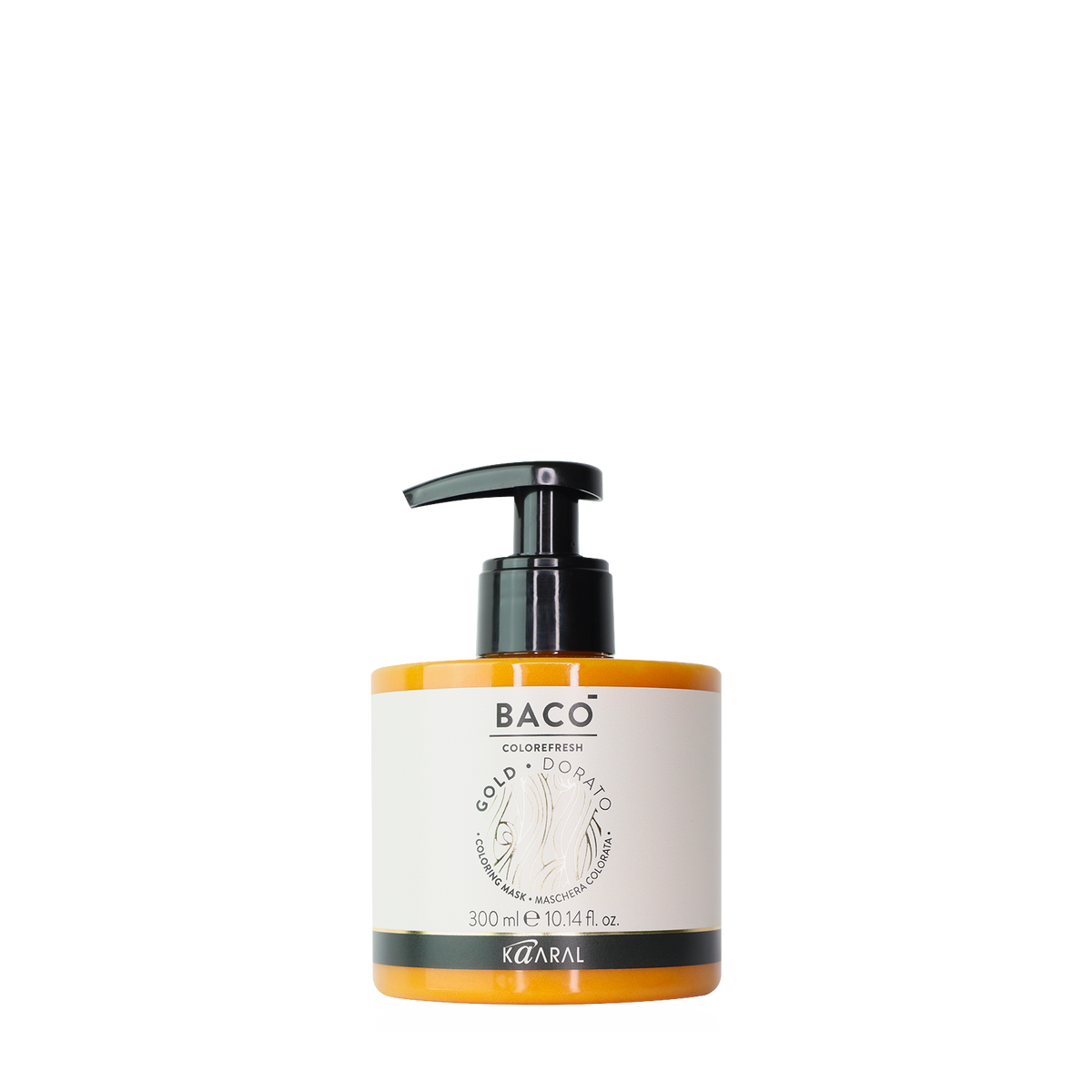 Baco pump bottle filled with orange liquid on a black background
