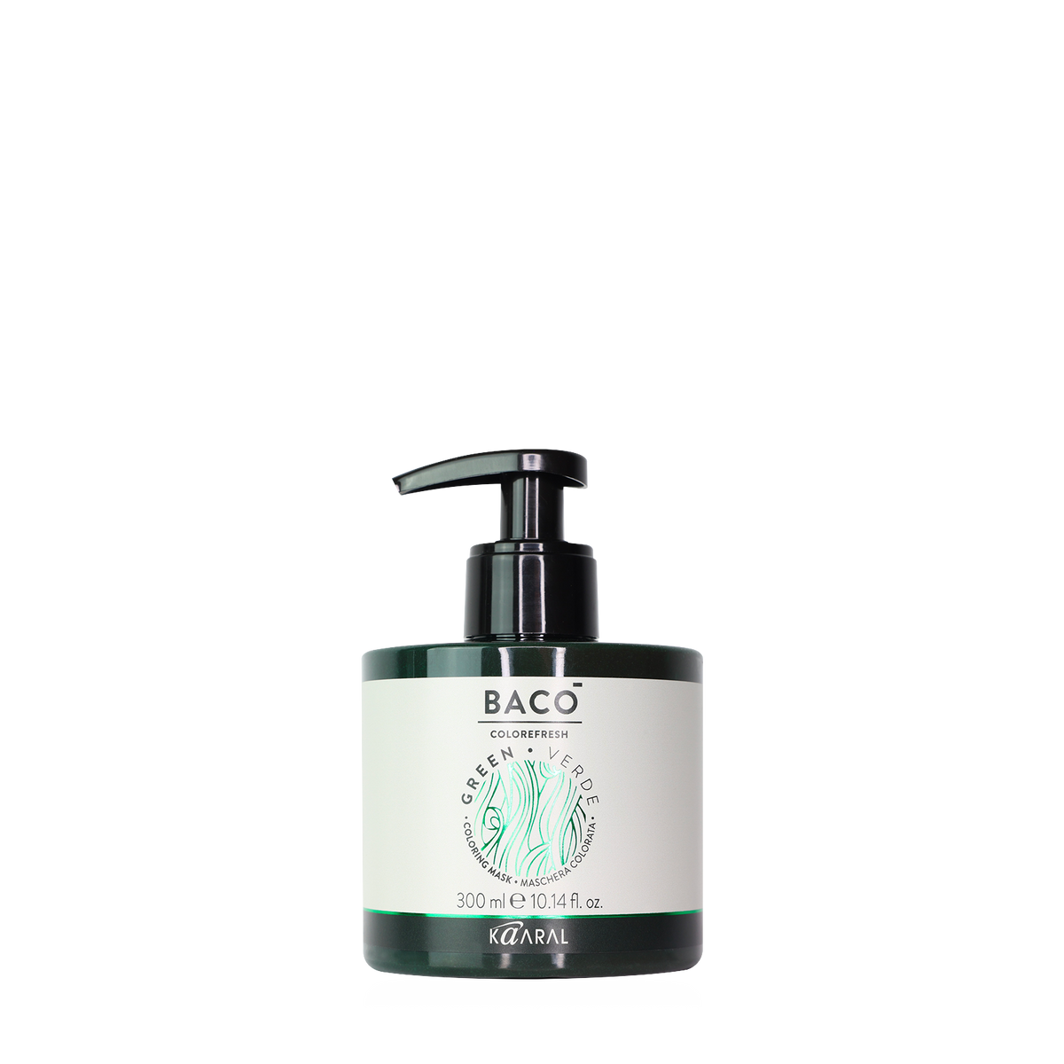 Baco pump bottle filled with green liquid on a black background