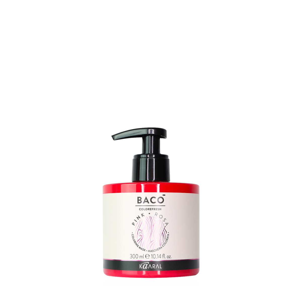 Baco pump bottle filled with pink liquid on a black background