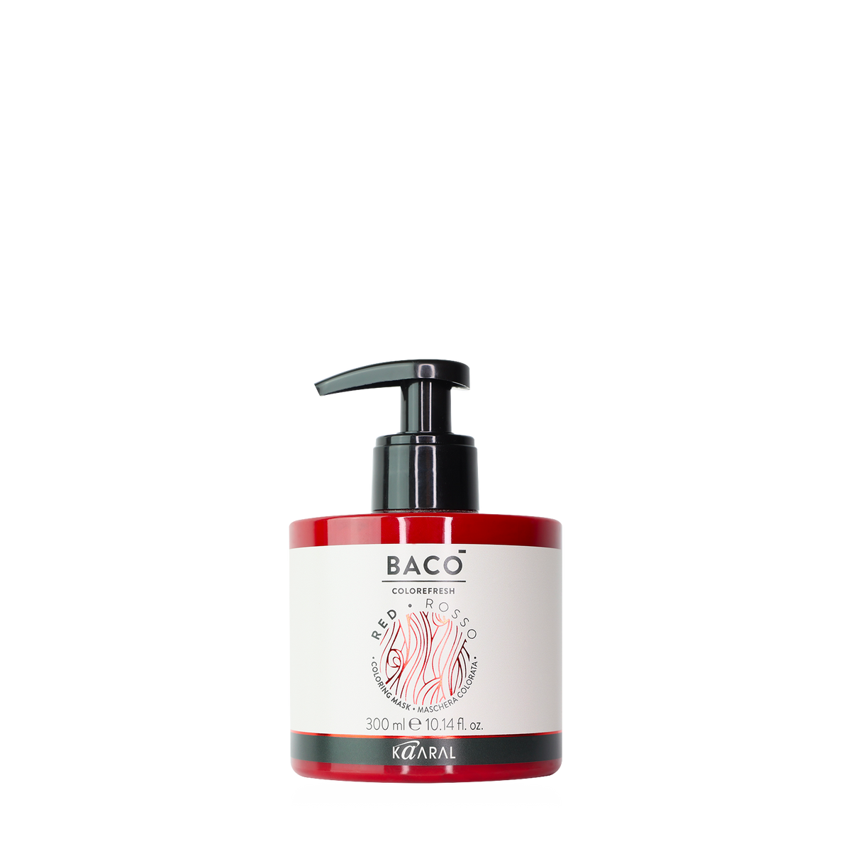 Baco pump bottle filled with red liquid on a black background