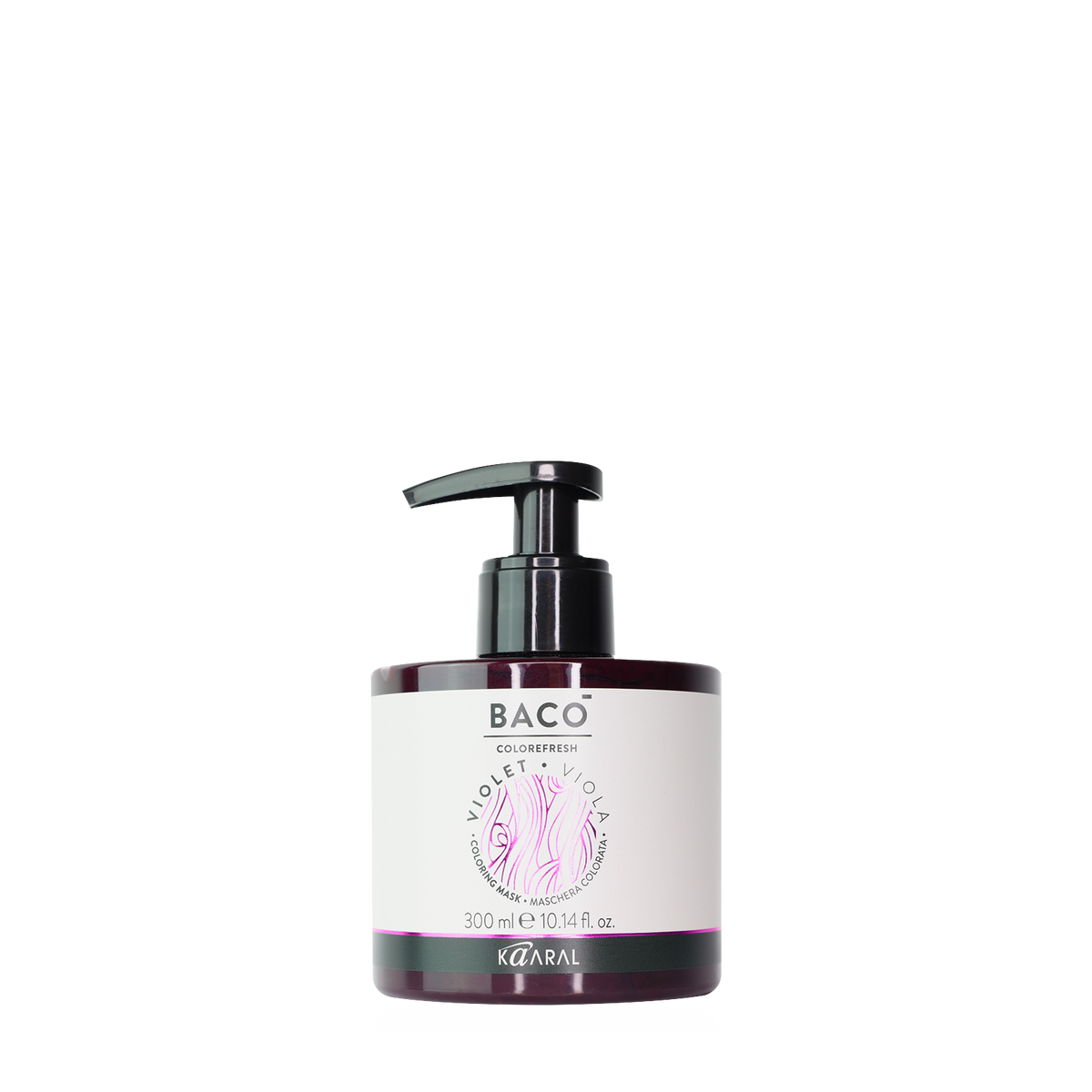 Baco pump bottle filled with purple liquid on a black background