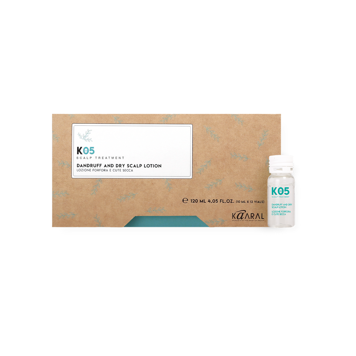 K05 Dandruff and Dry Scalp Lotion box with a clear vial