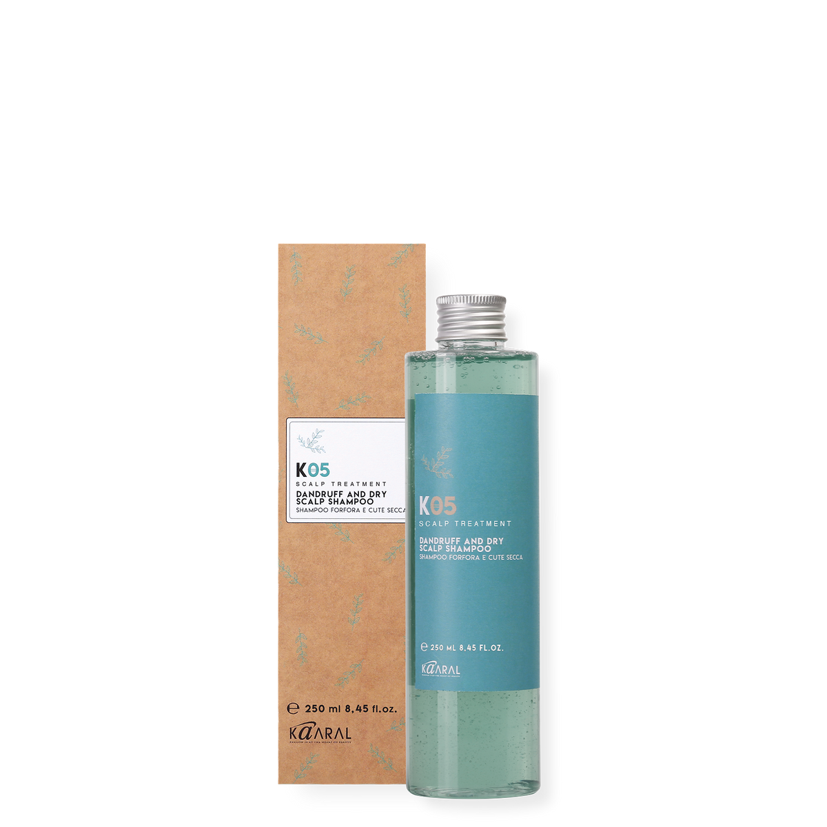 K05 scalp treatment dandruff and dry scalp shampoo bottle beside matching box