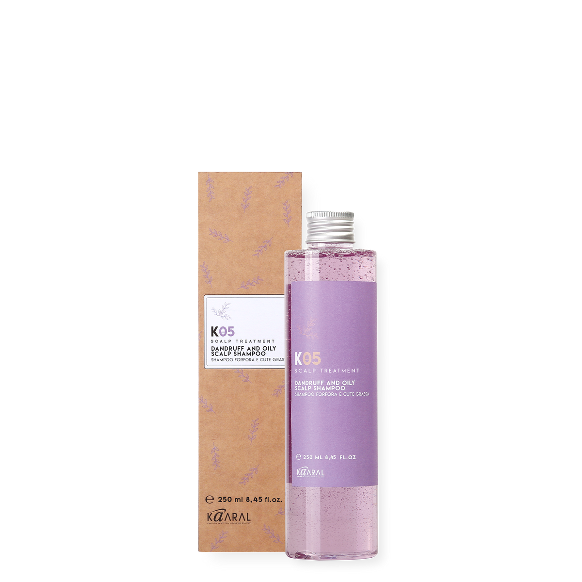 K05 scalp treatment dandruff and oily scalp shampoo bottle beside matching box