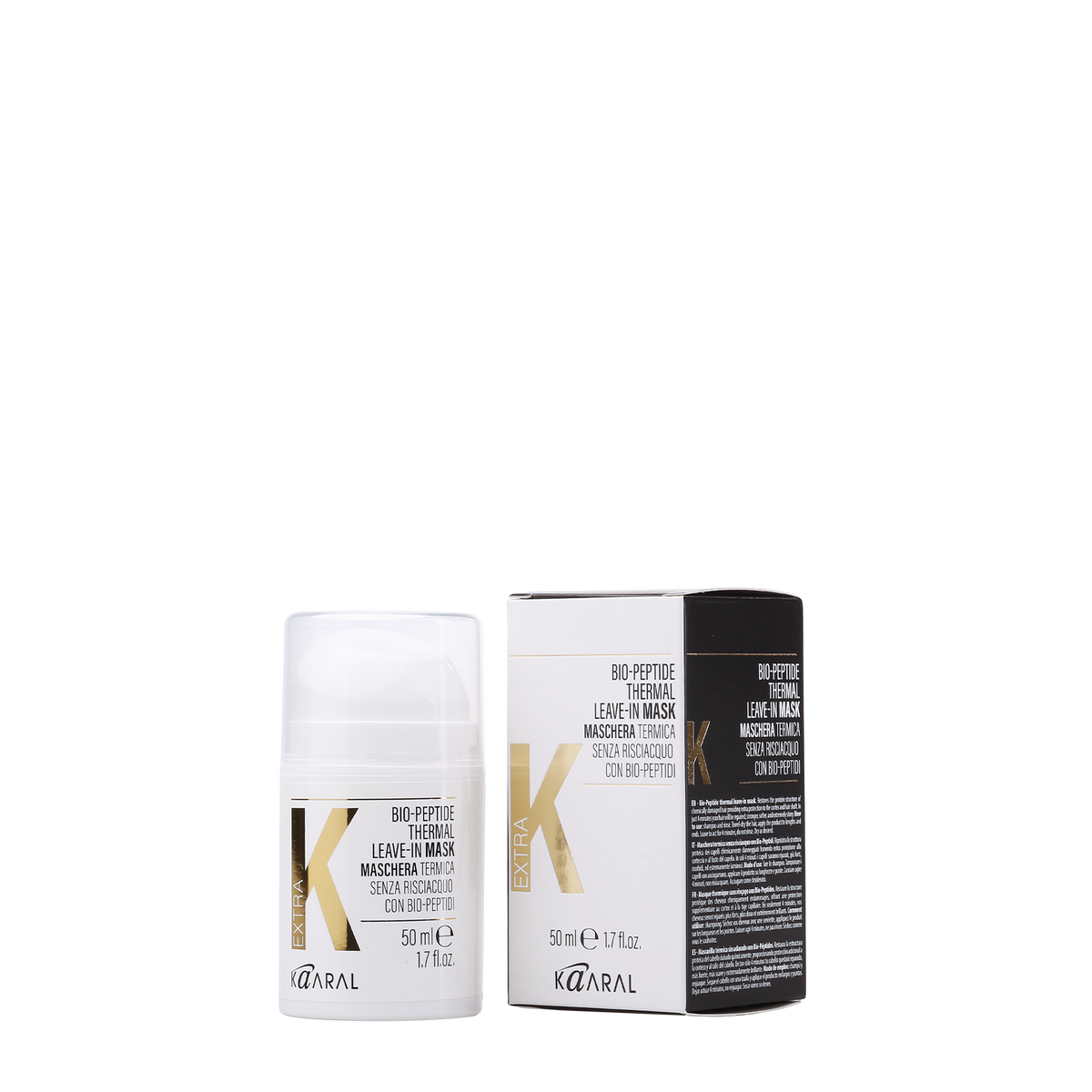 Two white K Extra product packages on a black background