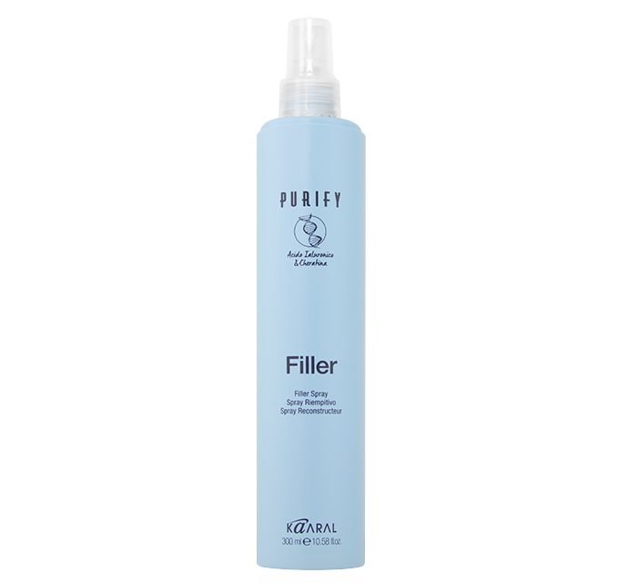 Purify Filler Spray 300 ml light blue spray bottle on a transparent background.