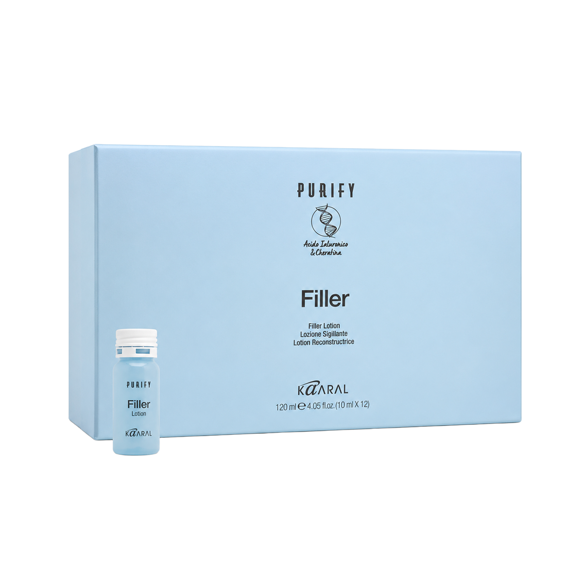 Pale blue Purify Filler box with a small bottle on a black background