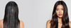 Before-and-after comparison of long dark hair, showing wet hair on the left and smooth, shiny hair on the right with open space in the center for banner content.