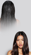 Before-and-after comparison of long dark hair, showing wet hair fading into smooth, shiny hair on a light background.