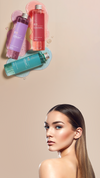 K05 scalp treatment products displayed with colorful gel textures above a woman with long, sleek hair on a soft beige background with open space in the center for banner content.