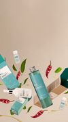 Illustrated arrangement of colorful haircare tubes and cartons