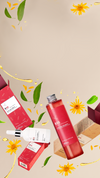 Red haircare products in a botanical illustrated frame