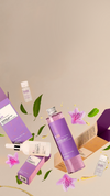 Illustrated purple haircare products on a beige background