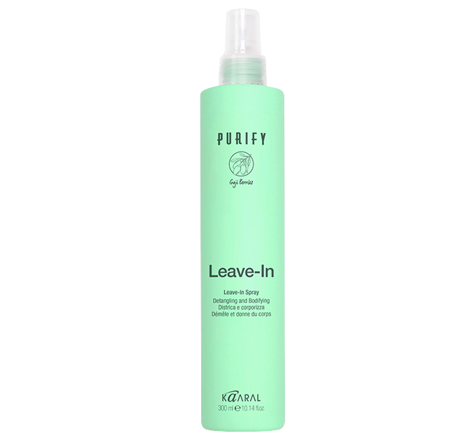 Green Purify Leave-in spray bottle on a black background