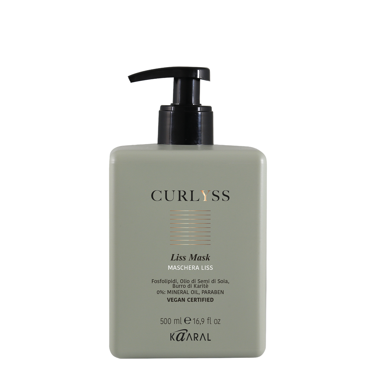 Beige CURLYSS haircare bottle on a black background