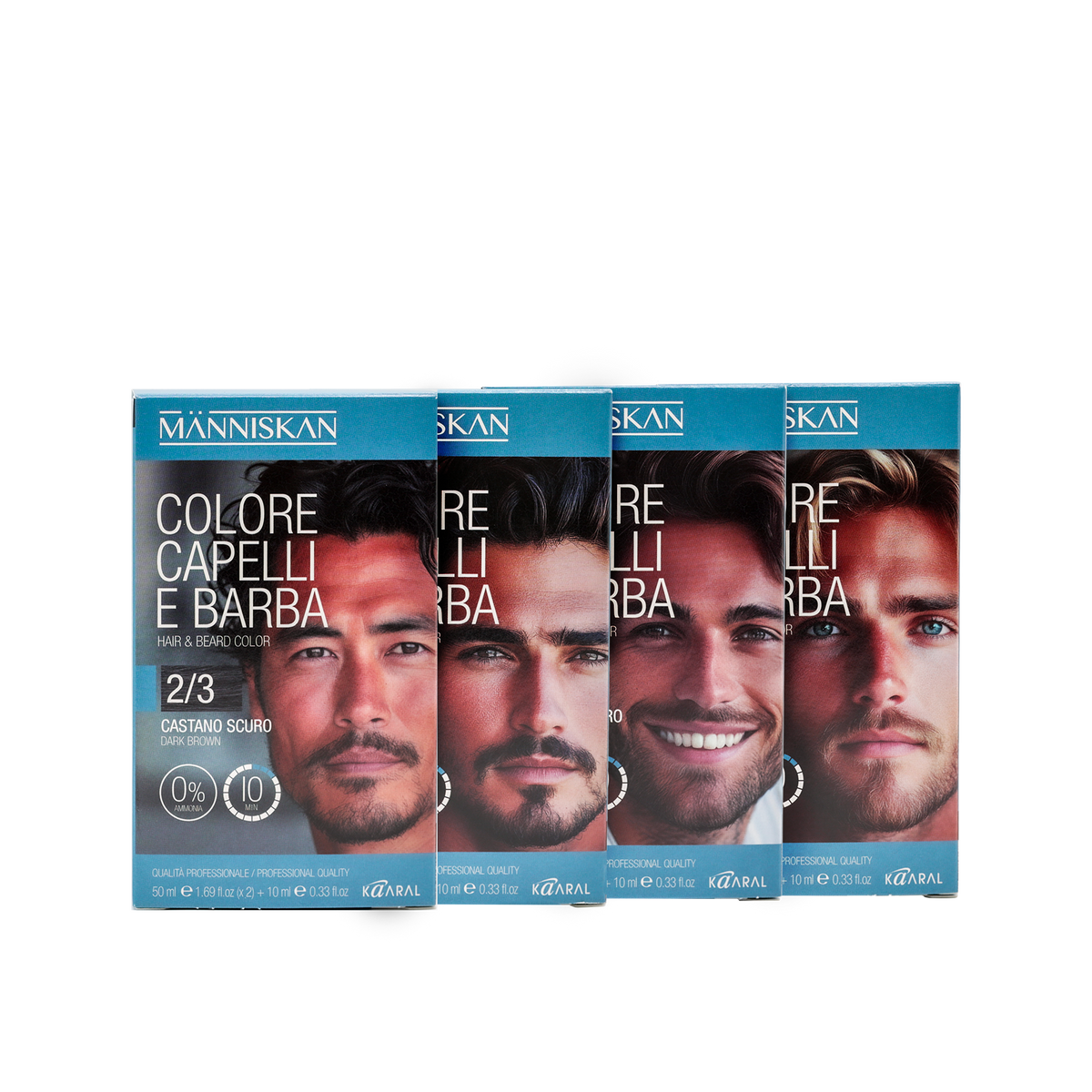 Four Manniskan hair and beard colour boxes with male faces on the packaging