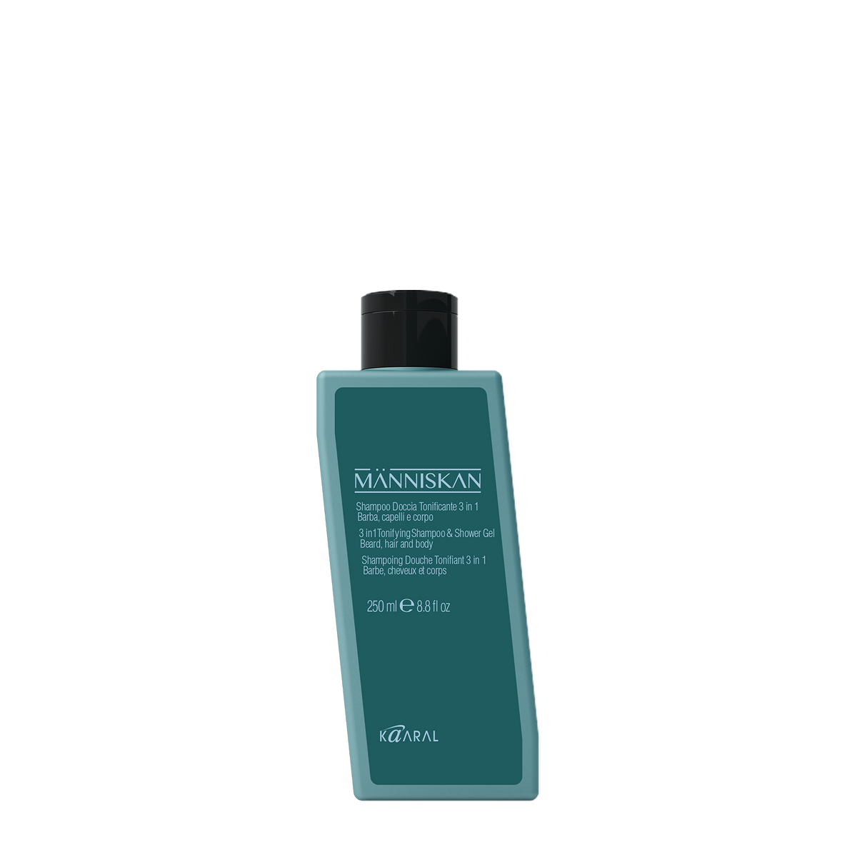 Dark teal Manniskan haircare bottle on a black background