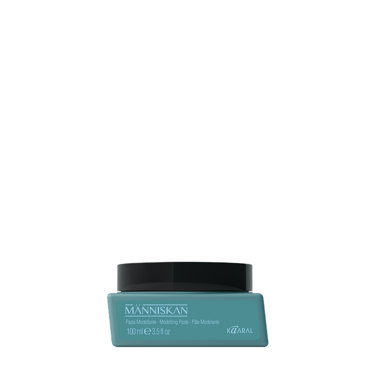 Small teal Manniskan product container on a black background
