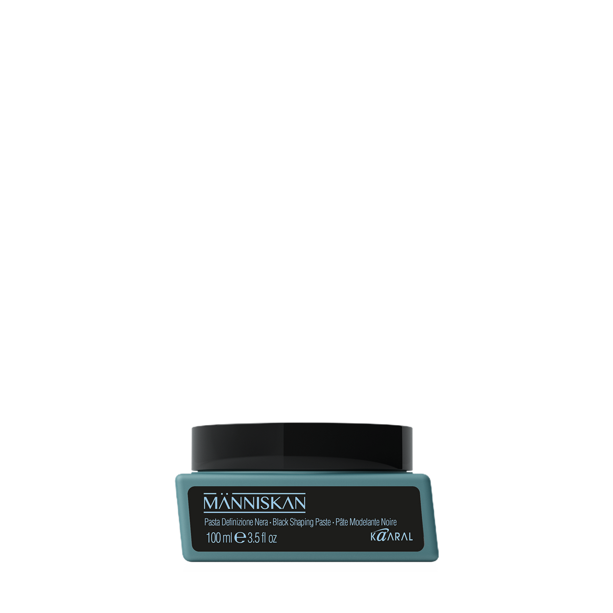 Small teal Manniskan product container on a black background