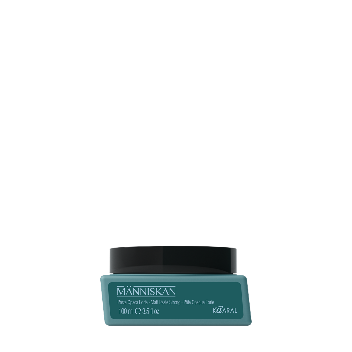 Small teal Manniskan product container on a black background