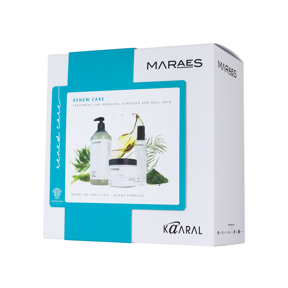 Maraes Renew Care gift box featuring a haircare treatment set on a transparent background.
