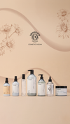 Maraes haircare collection displayed on a beige background with botanical illustrations and ICEA Vegan Cosmetic certification badge.