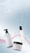 Maraes Color Care shampoo, mask, serum, and ampoule on a pale blue botanical background