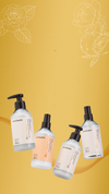 Four Maraes Sun Care hair and body products on a yellow botanical background