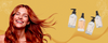 Smiling red-haired woman beside four Maraes Sun Care products on a yellow background