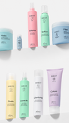 Complete Purify professional haircare collection displayed on a clean white background, featuring shampoos, leave-in treatment, clarifying cleanser, color care, hydrating mask, volumizing spray, softening mousse and filler treatments, arranged in a modern mobile banner with soft shadows and minimalist styling.