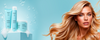 Blonde woman beside three turquoise Purify Hydra hair products with bubbles