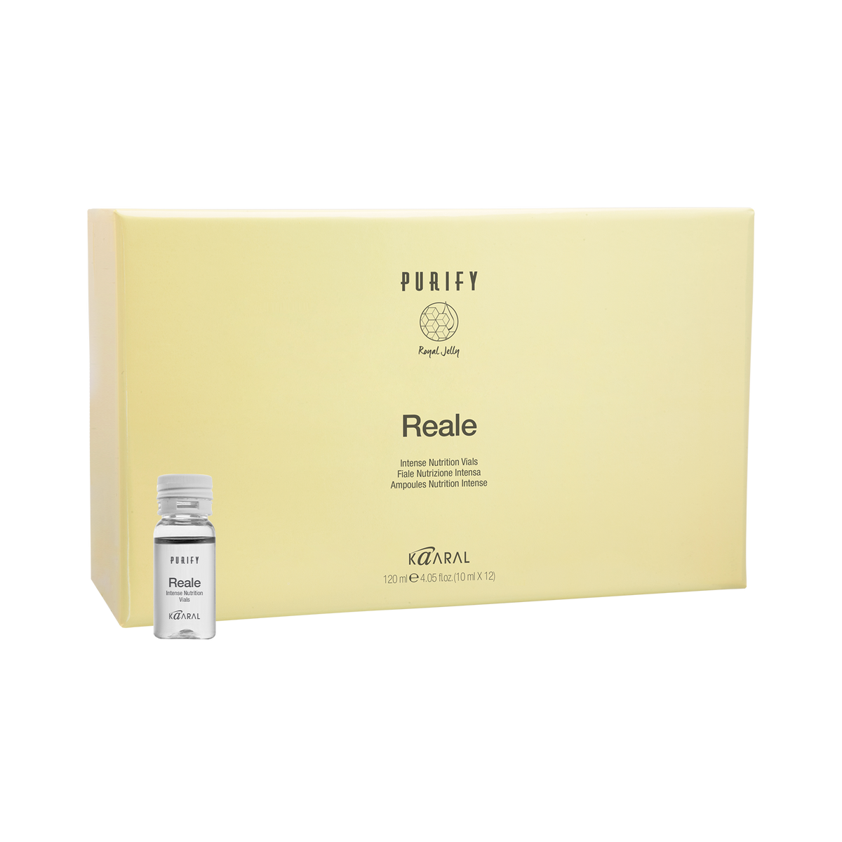 Pale yellow Purify Reale gift box with a small vial on a black background