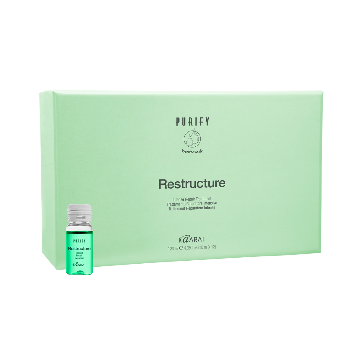 Mint Purify Restructure box with a small vial on a black background