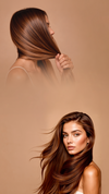 Two women with long, smooth brown hair arranged in a vertical banner against a warm beige background, one holding her hair to highlight its length and the other facing forward with flowing, glossy hair.
