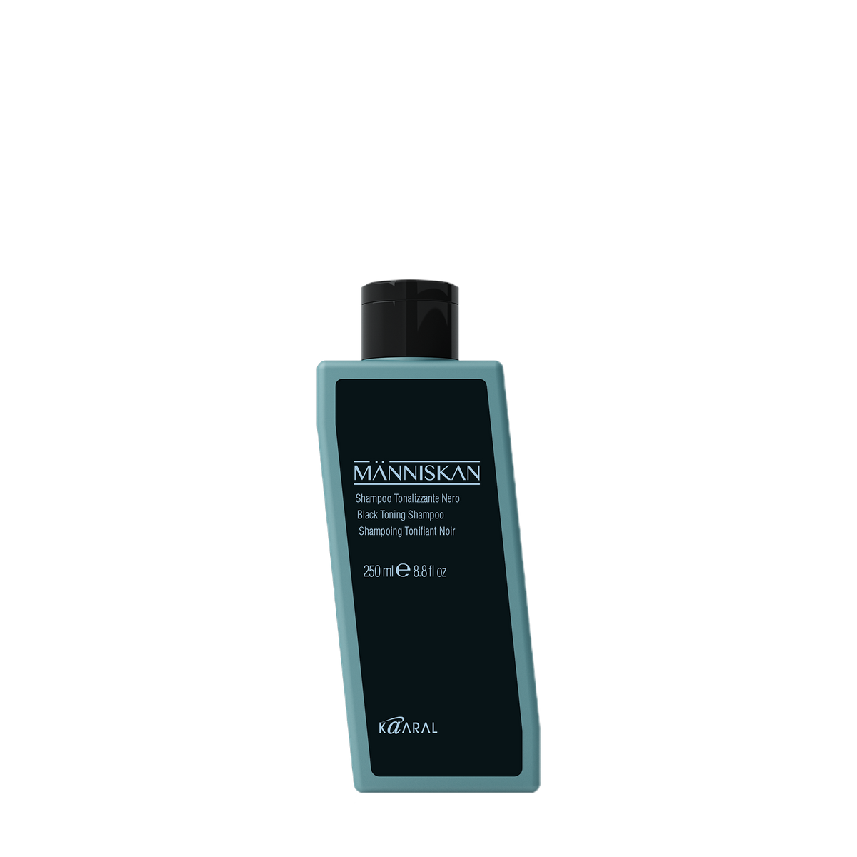 Dark teal Manniskan haircare bottle on a black background
