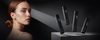Woman with slicked-back brown hair beside four black Kaaral Perfetto hair styling products