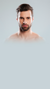 Dark-haired bearded man at the bottom of a pale gray vertical background