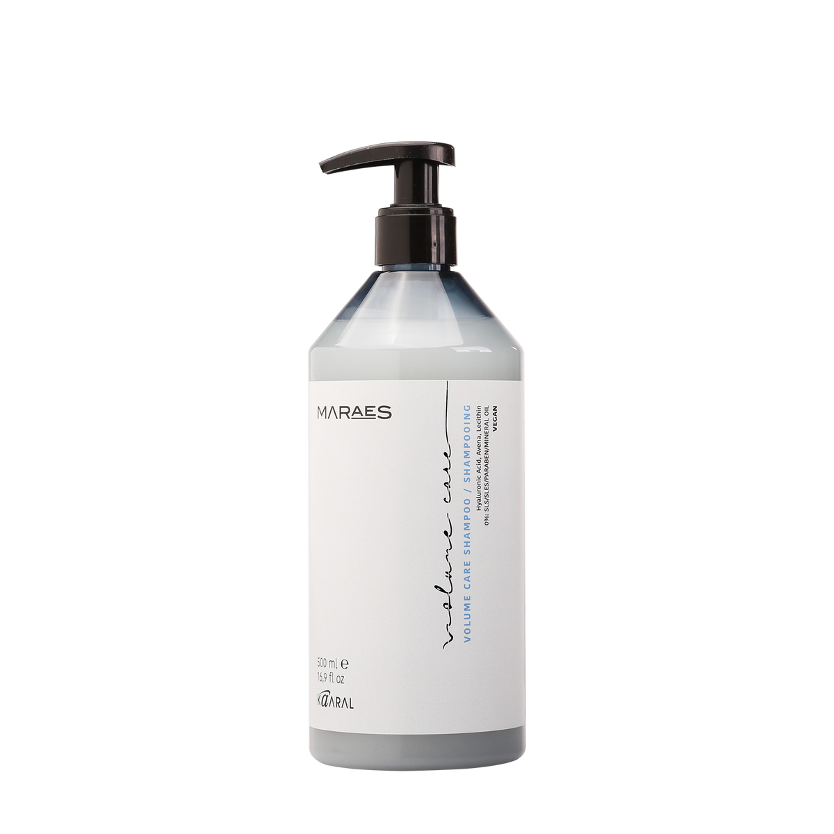 Clear Maraes pump bottle on a black background