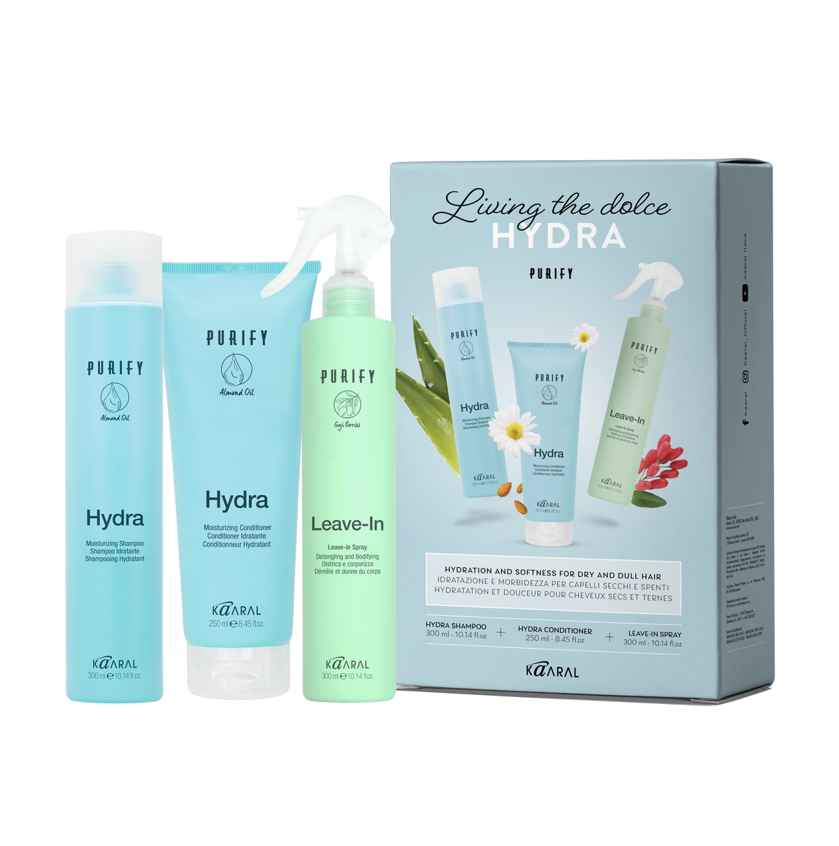 Purify Hydra Gift Box - 300 ml shampoo + 250 ml conditioner + 300 ml leave-in spray