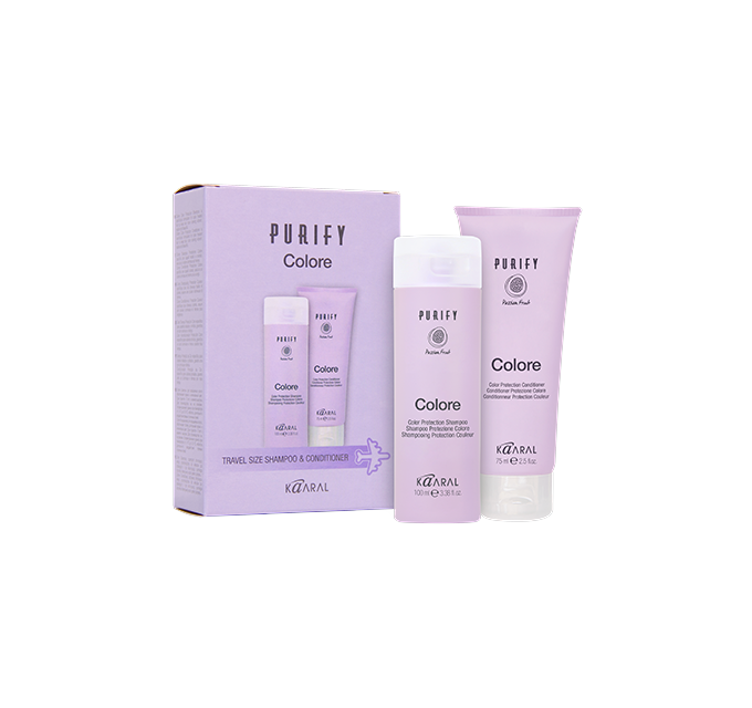 Purple Purify Colore carton and two bottles on a black background