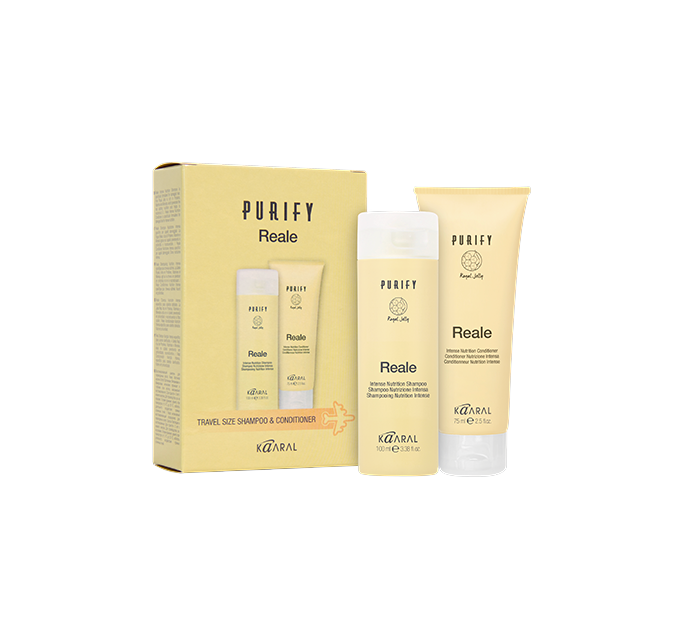 Pale yellow Purify Reale box with two bottles on a black background