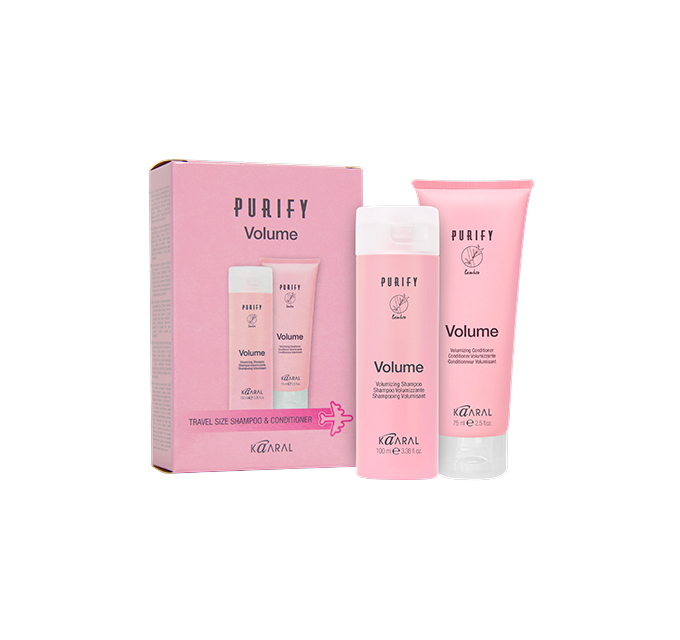 Pink Purify Volume carton and two tubes on a black background